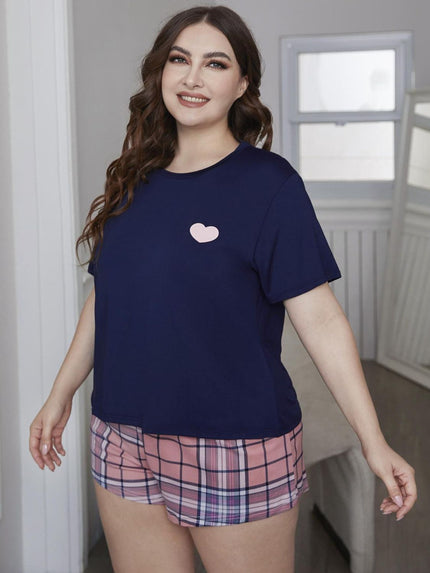 Plus Size Heart Graphic Top and Plaid Shorts Pajama Set