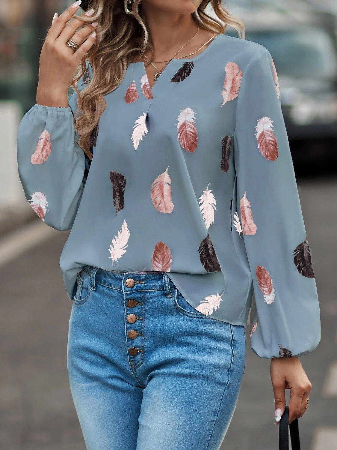 Feather Print Notched Balloon Sleeve Blouse