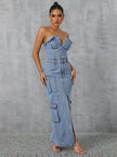 Slit Half Button Tube Denim Maxi Dress