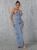 Slit Half Button Tube Denim Maxi Dress