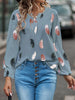 Feather Print Notched Balloon Sleeve Blouse