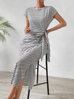 Tied Striped Round Neck Short Sleeve Maxi Tee Dress