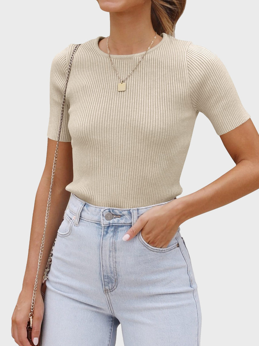Round Neck Short Sleeve Knit Top - QuaintQuest Fashion