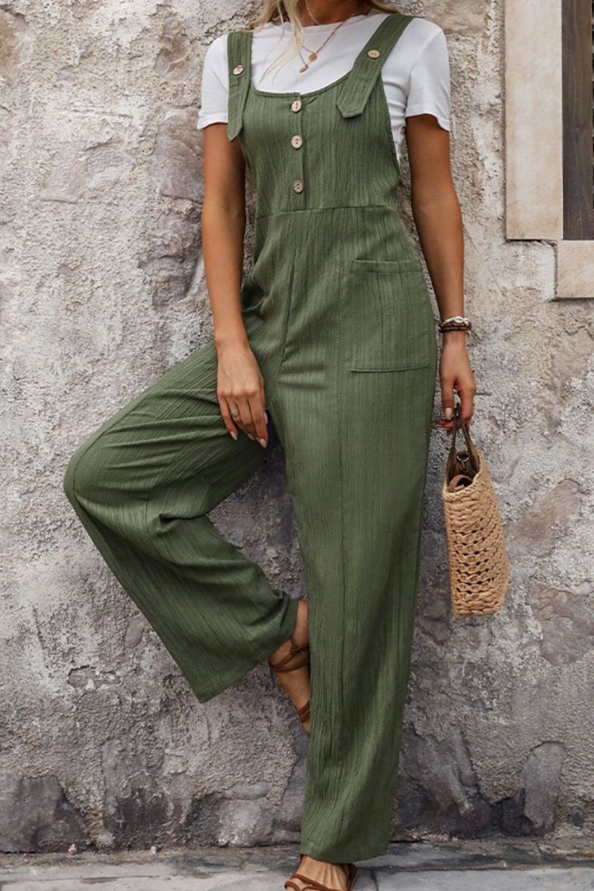 Perfee Textured Pocketed Wide Strap Overalls