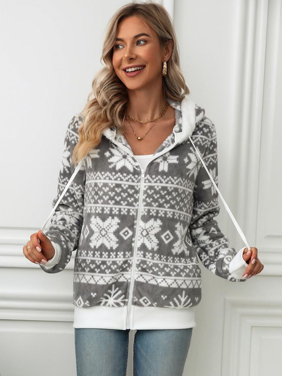 Drawstring Snowflake Zip Up Hooded Jacket