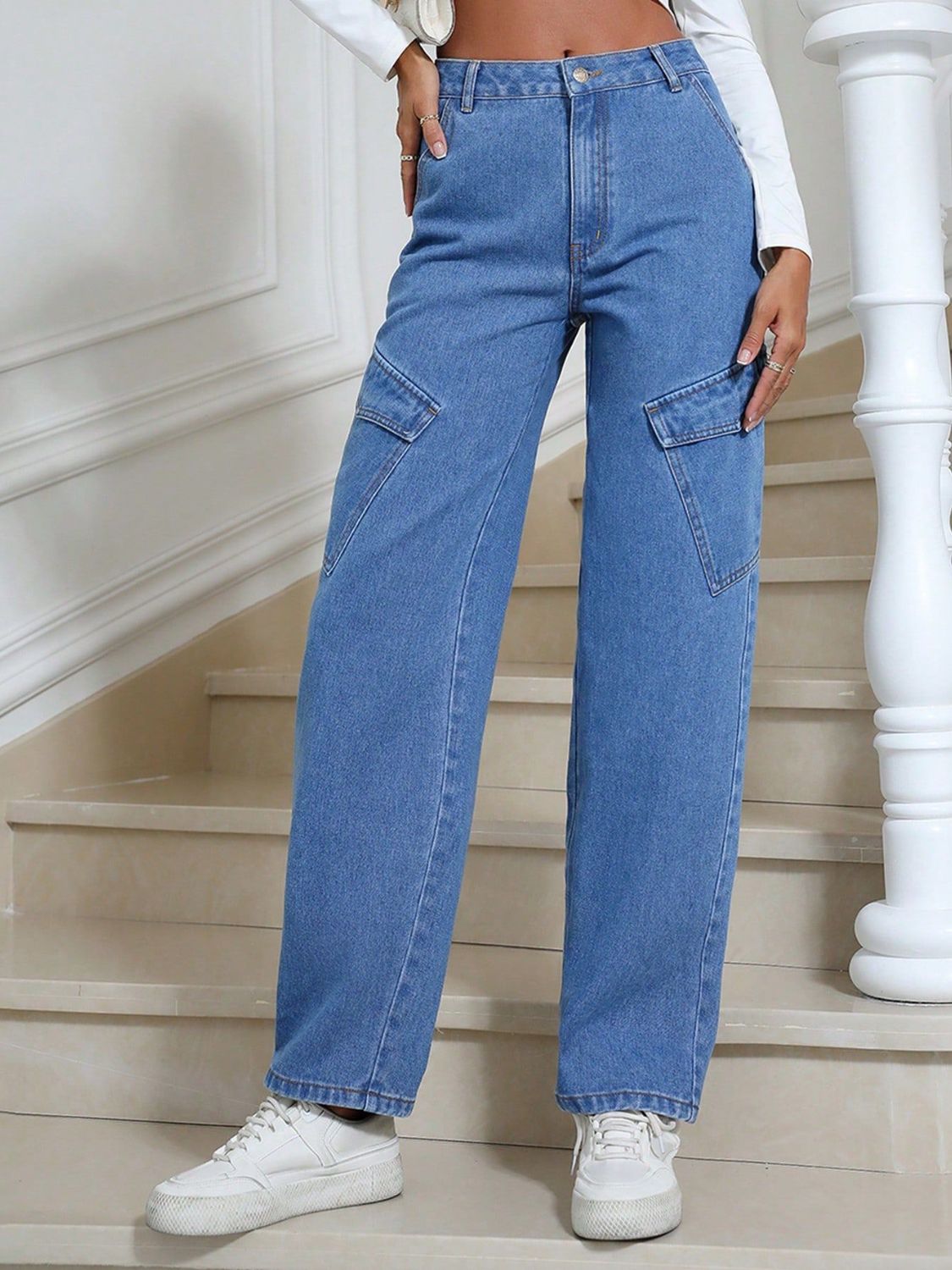 High Waist Straight Leg Jeans with Pockets