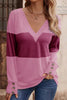 Decorative Button Contrast V-Neck Long Sleeve Sweater