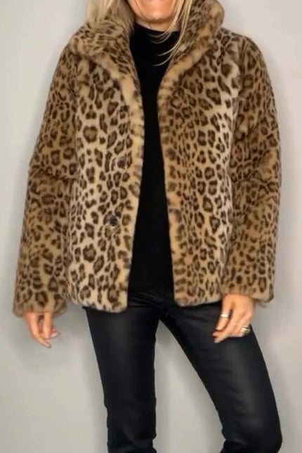 Full Size Leopard Furry Collared Neck Long Sleeve Coat