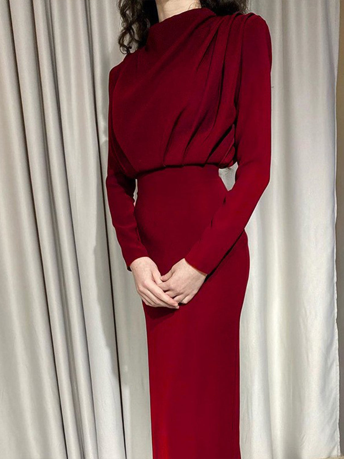 Ruched Turtleneck Long Sleeve Maxi Dress