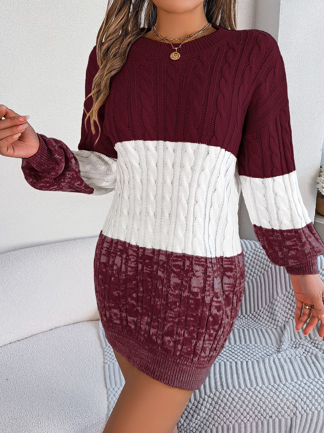 Cable-Knit Round Neck Color Block Sweater Mini  Dress