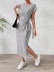 Tied Striped Round Neck Short Sleeve Maxi Tee Dress