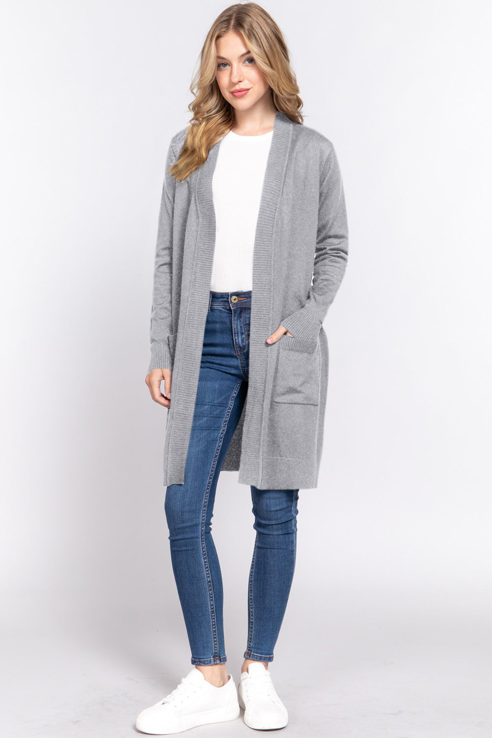 Open Front Rib Trim Long Sleeve Knit Cardigan