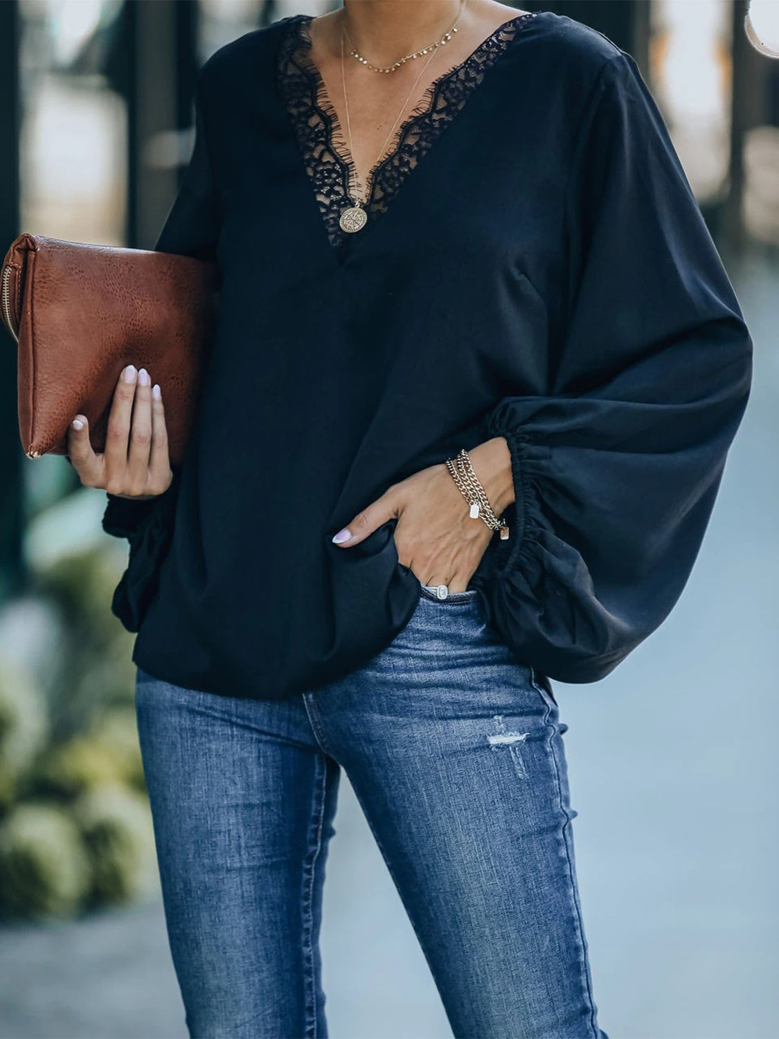 Lace Detail V-Neck Long Sleeve Blouse