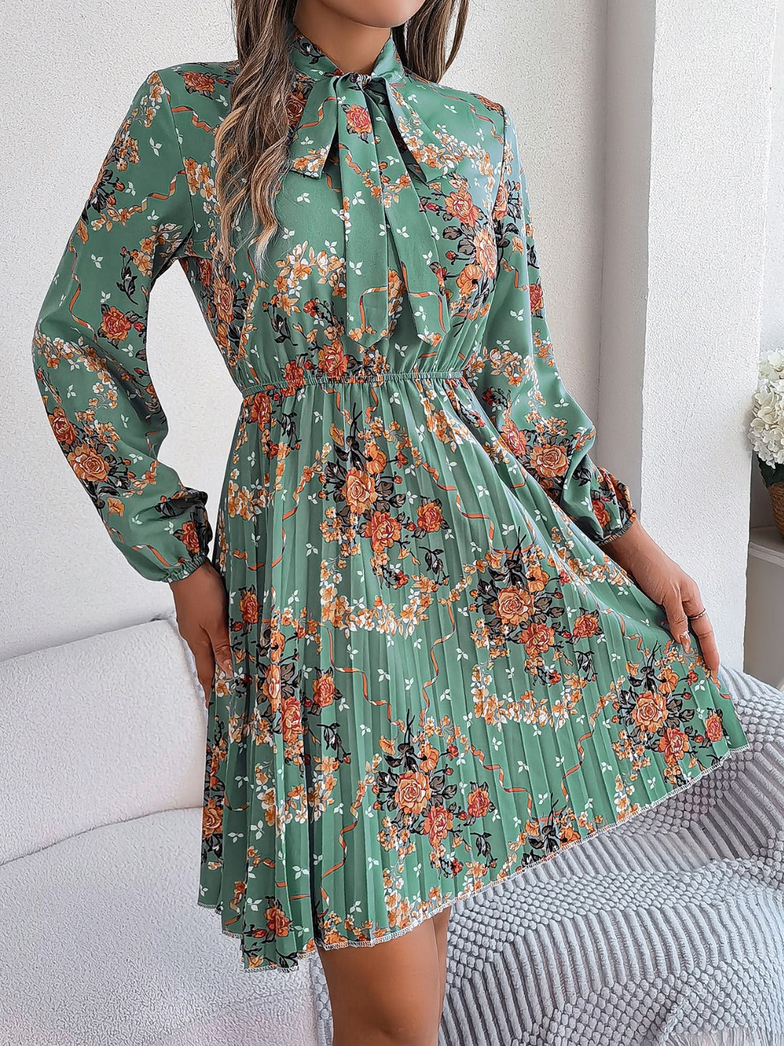 Pleated Printed Tie Neck Long Sleeve Mini Dress