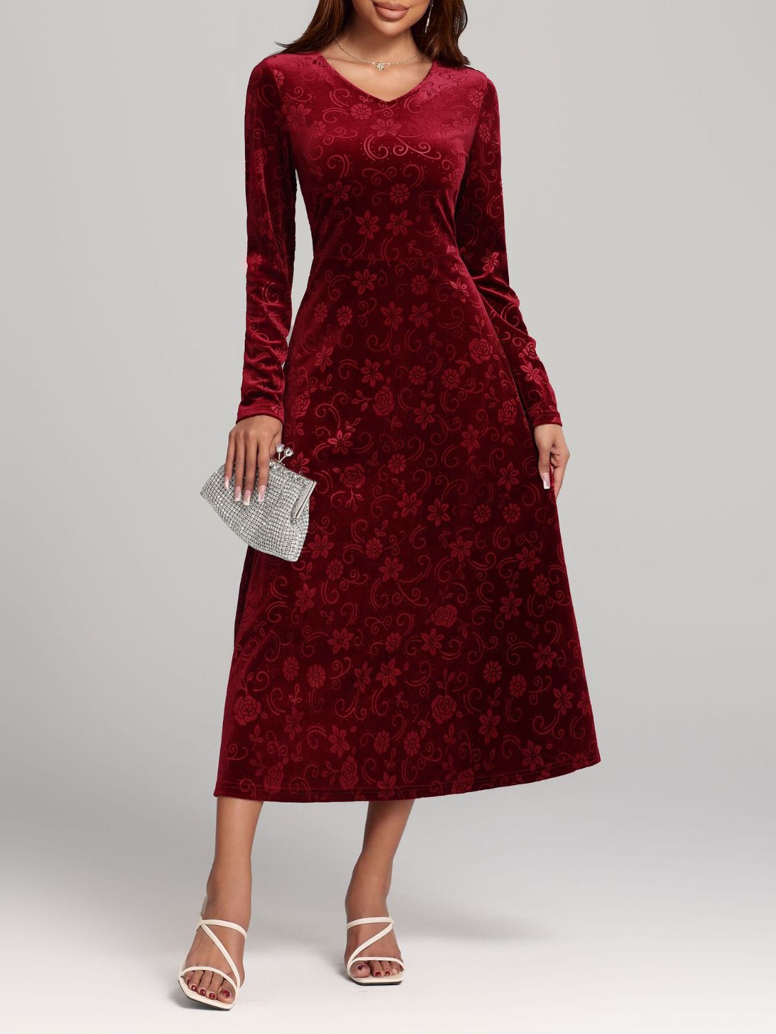 Flower Print V-Neck Long Sleeve Midi Dress