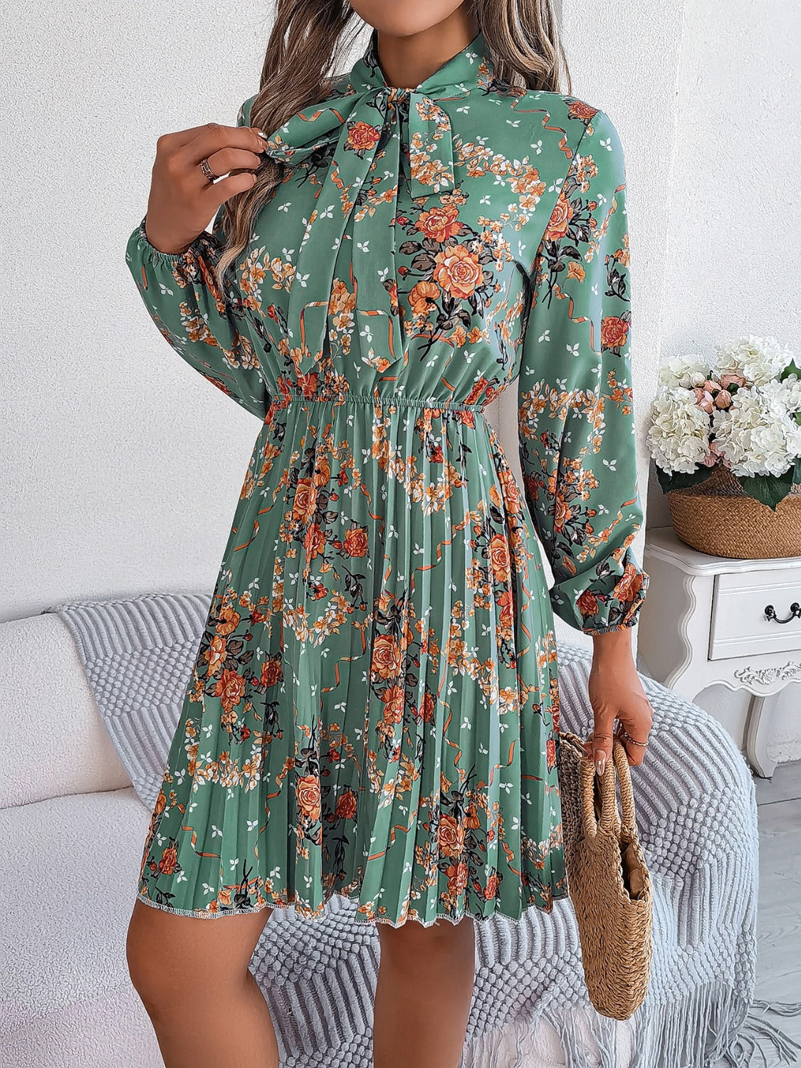 Pleated Printed Tie Neck Long Sleeve Mini Dress