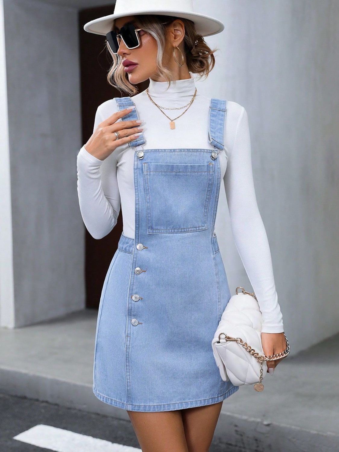 Wide Strap Denim Overall Mini Dress