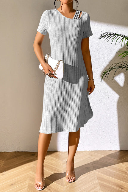 Ivy Lane Ribbed Asymmetrical Neck Short Sleeve Dress