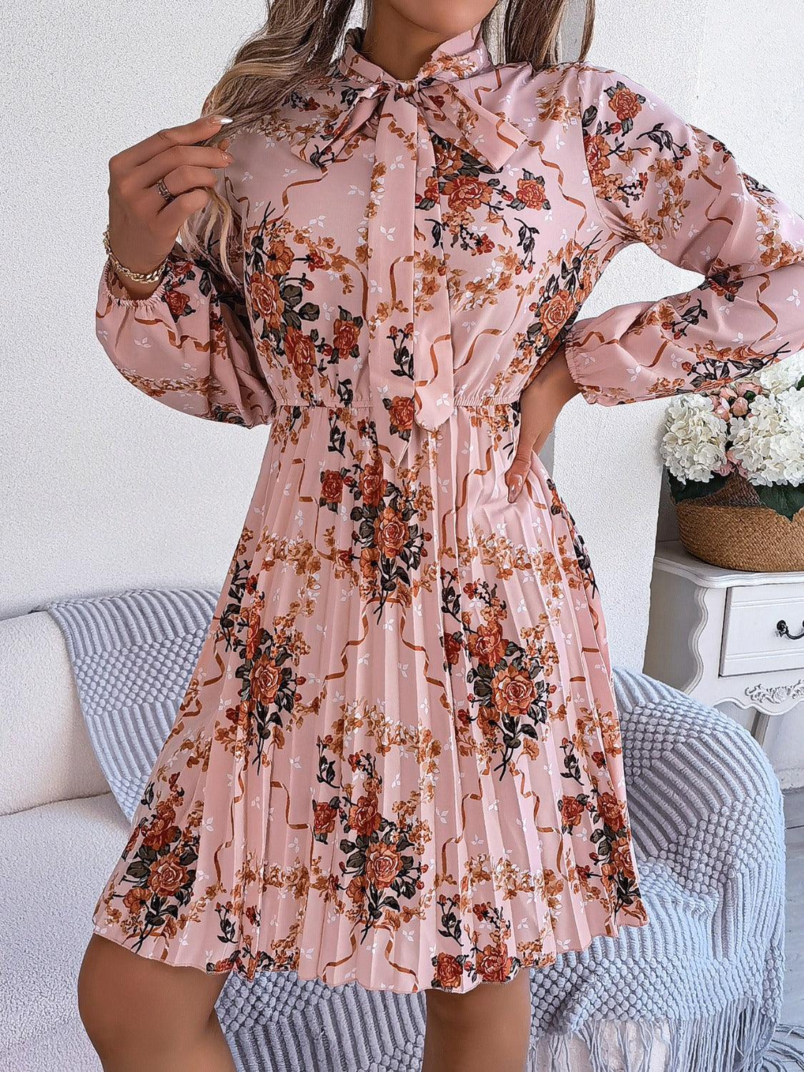 Pleated Printed Tie Neck Long Sleeve Mini Dress