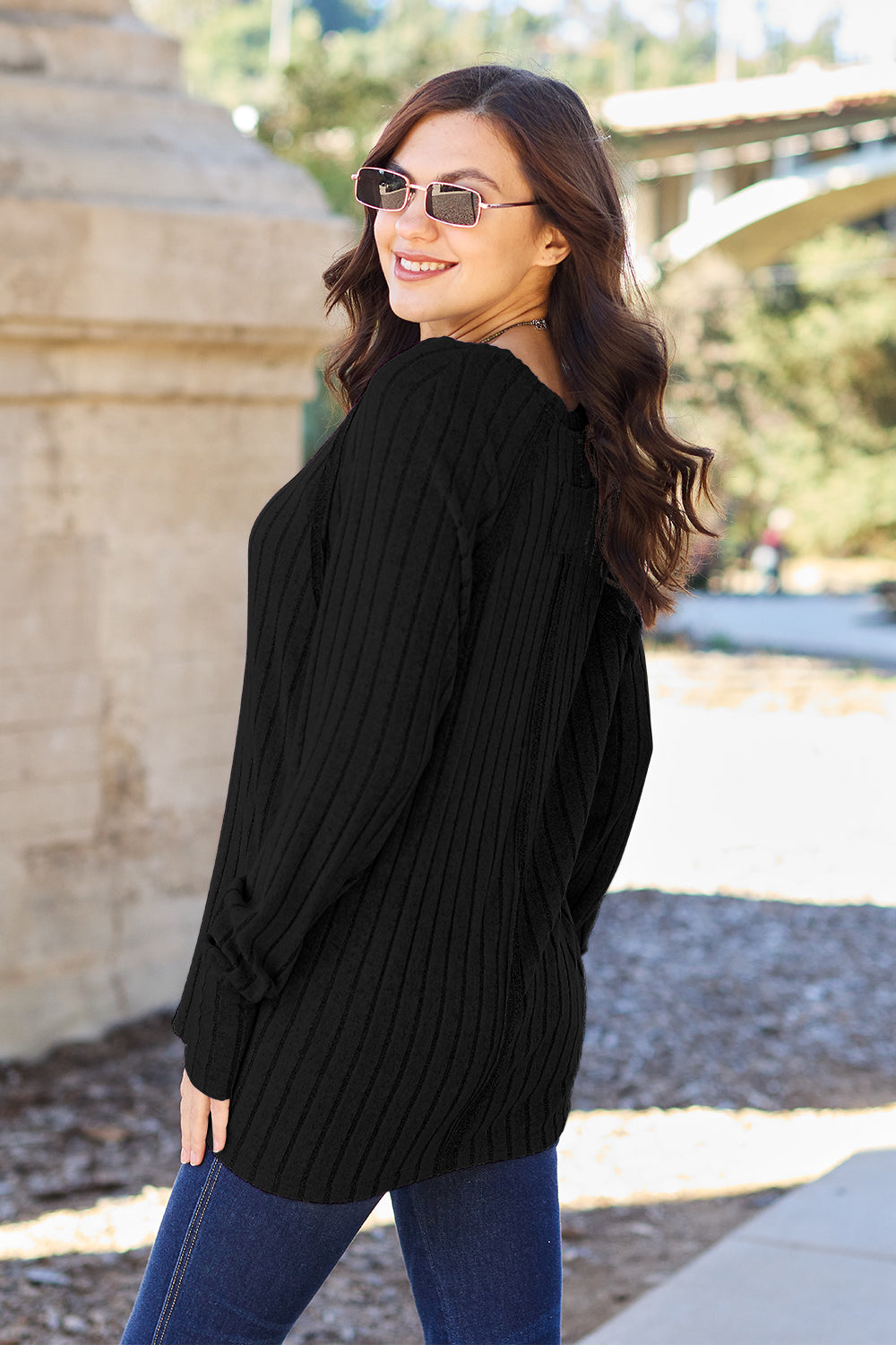 Basic Bae Full Size Ribbed Round Neck Long Sleeve Knit Sweater