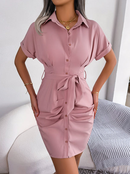 Button Down Ruched Tie Belt Mini Dress