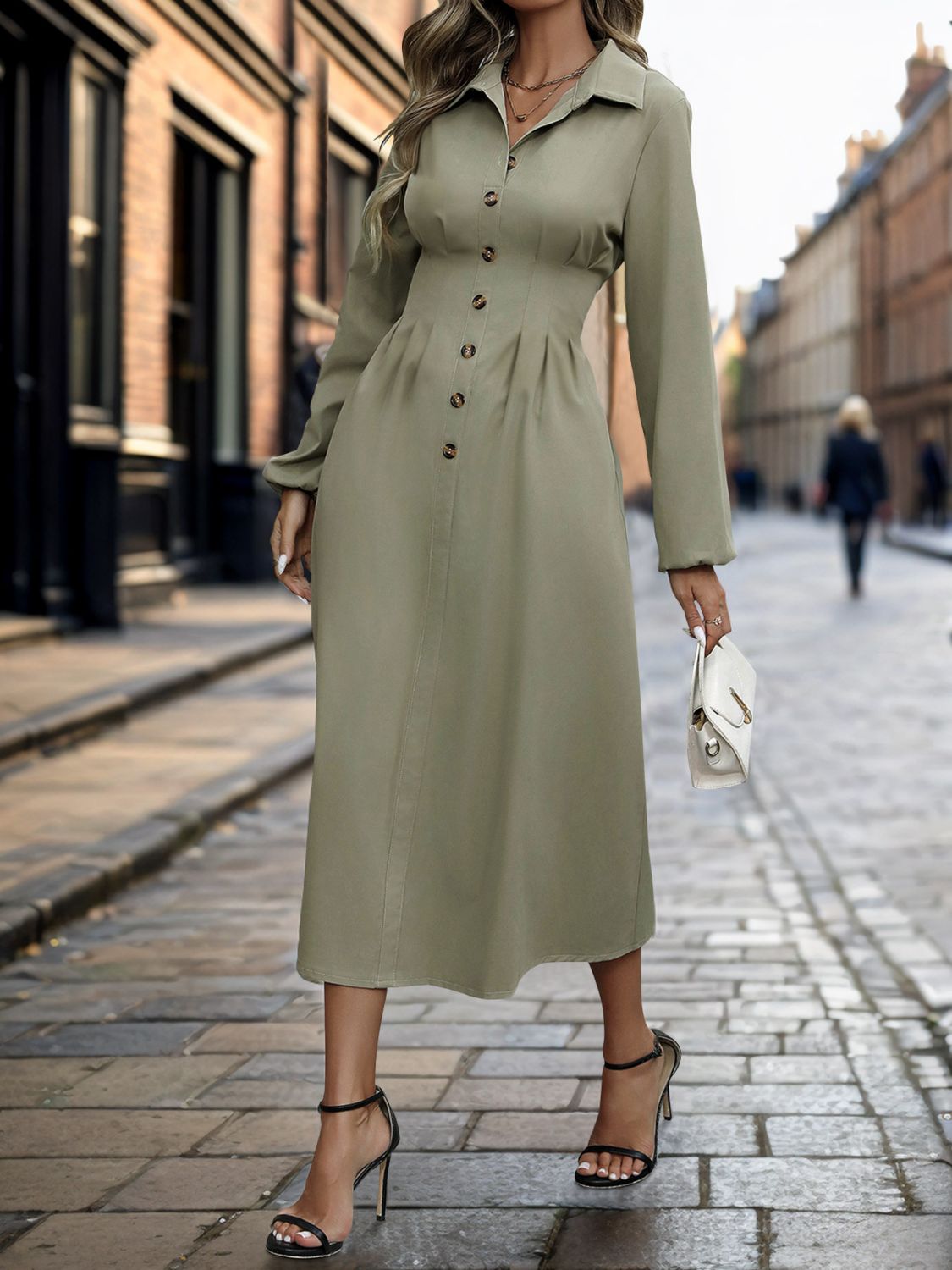 Perfee Smocked Half Button Long Sleeve Midi Dress