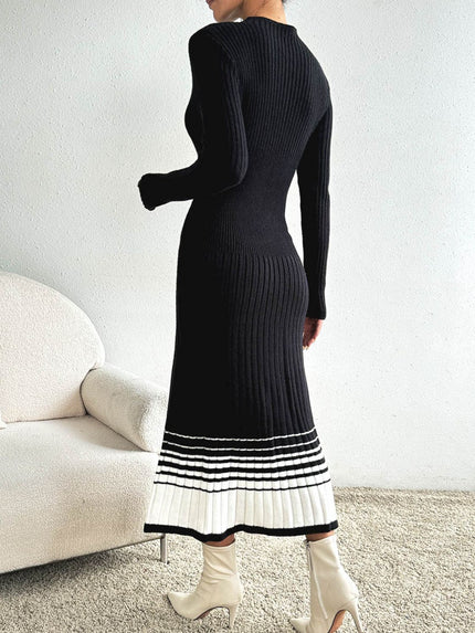 Contrast Mock Neck Long Sleeve Midi Dress