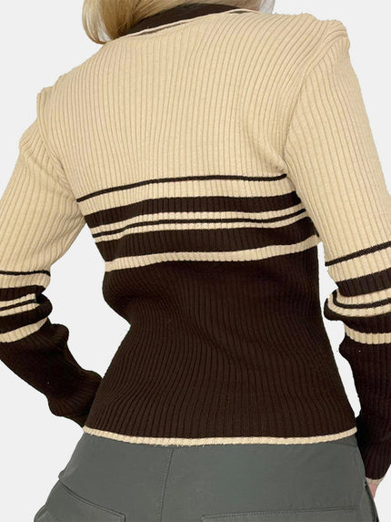 Striped Collared Neck Long Sleeve Knit T-Shirt