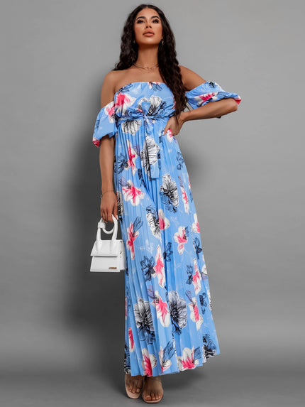 Pleated Floral Off-Shoulder Short Sleeve Maxi Dress