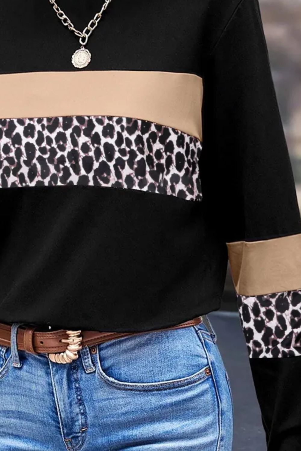 Leopard Round Neck Long Sleeve Blouse