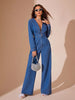 Plunge Long Sleeve Wide Leg Denim Jumpsuit