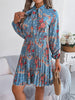 Pleated Printed Tie Neck Long Sleeve Mini Dress