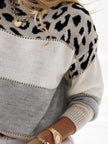 Leopard Color Block Round Neck Long Sleeve Sweater