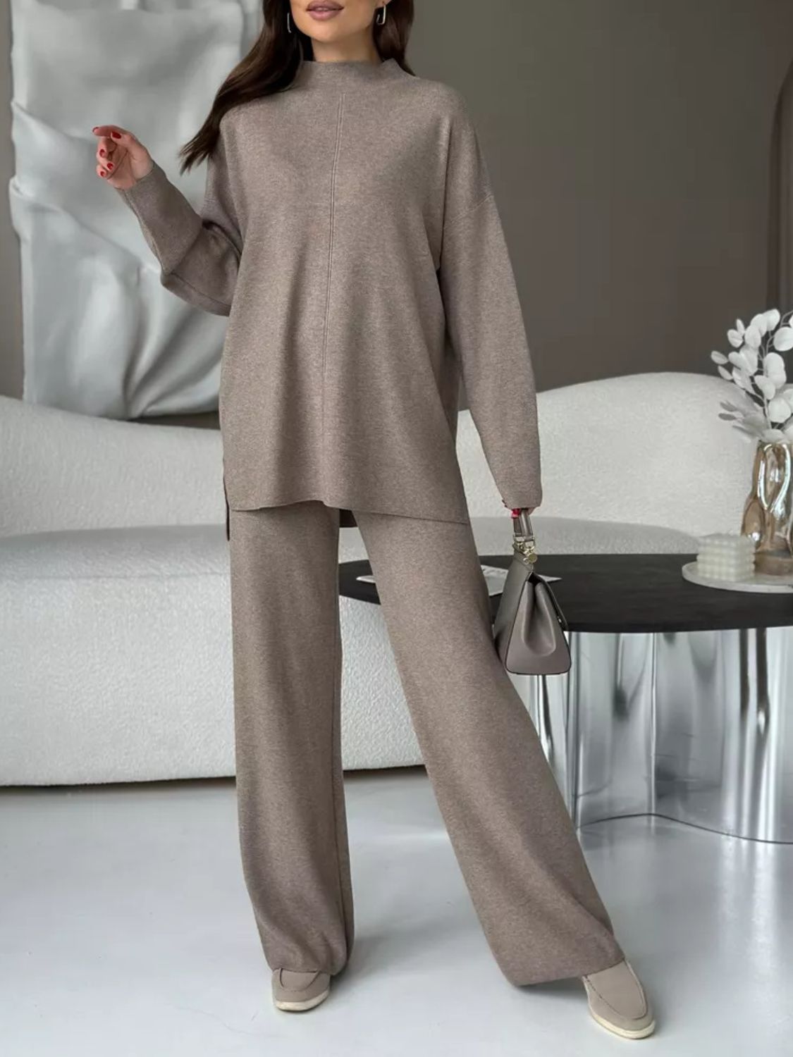 Slit Mock Neck Top and Pants Sweater Set