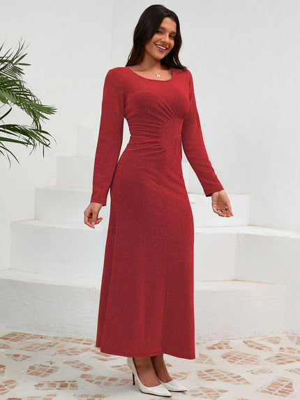 Ruched Round Neck Long Sleeve Sparkle Dress