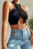 Perfee Chain Detail Halter Neck Velvet Crop Top