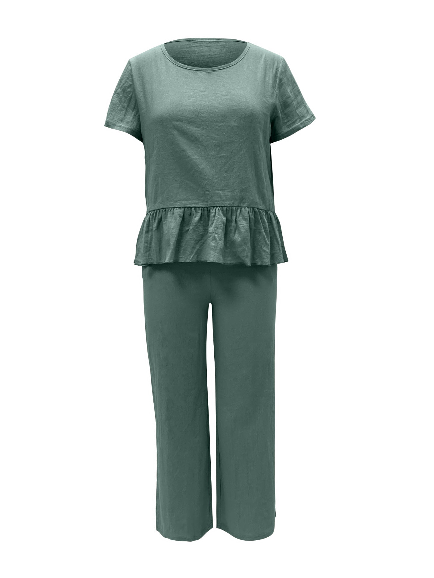 Peplum Round Neck Short Sleeve Top and Pants Set