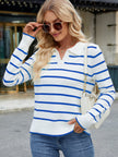 Striped Johnny Collar Long Sleeve Sweater