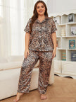 Plus Size Leopard Short Sleeve Top and Pants Pajama Set