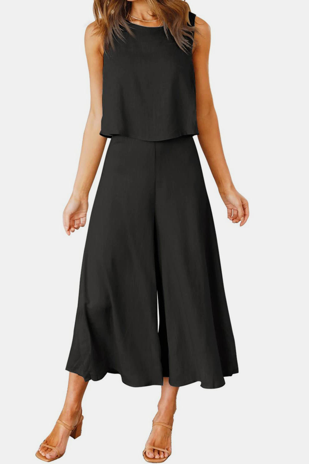 Round Neck Top and Wide Leg Pants Set