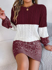 Cable-Knit Round Neck Color Block Sweater Mini  Dress