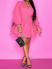 Notched Button Up Balloon Sleeves Mini Dress