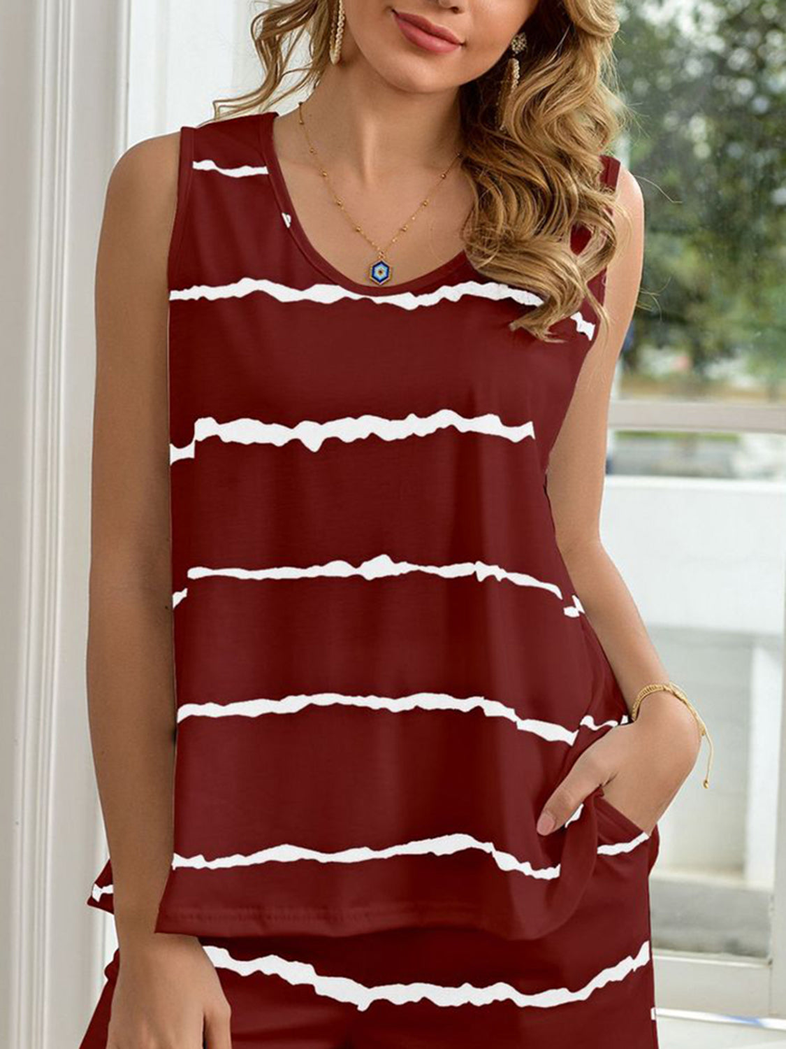 Striped Round Neck Top and Shorts Lounge Set