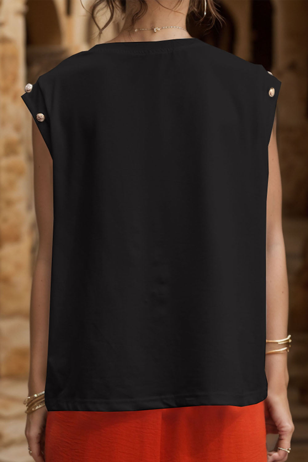 Perfee Decorative Button Round Neck T-Shirt