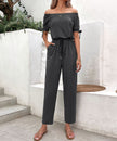 Perfee Off-Shoulder Tie Cuff Jumpsuit with Pockets