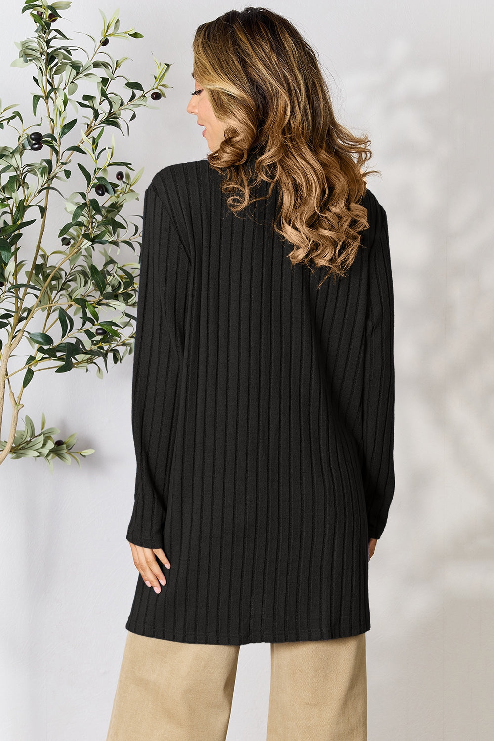 Full Size Ribbed Open Front Cardigan with Pockets