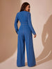 Plunge Long Sleeve Wide Leg Denim Jumpsuit