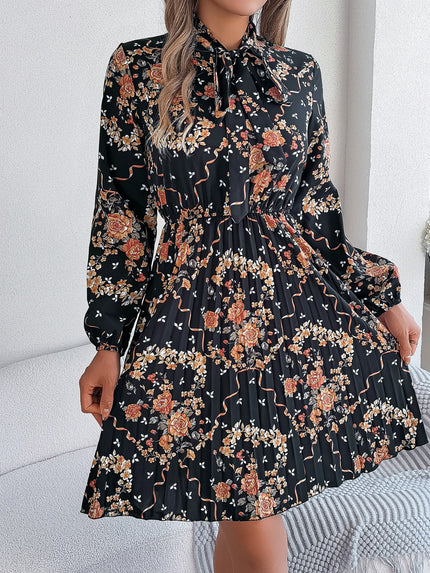 Pleated Printed Tie Neck Long Sleeve Mini Dress