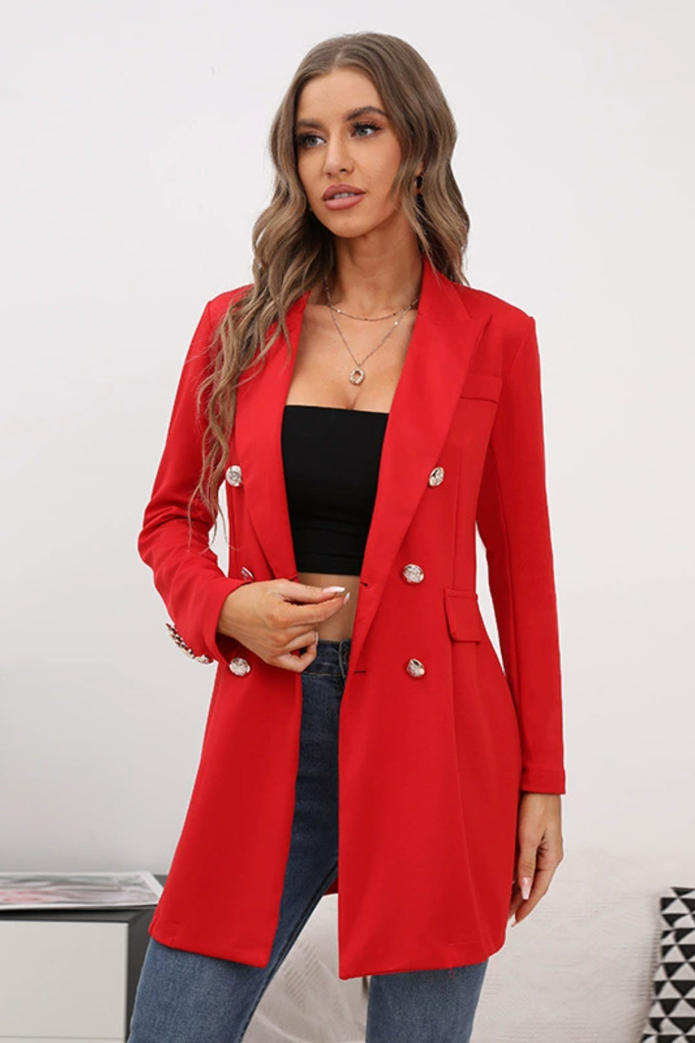 Buttoned Lapel Collar Long Sleeve Blazer