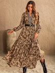 Ruched Printed Notched Long Sleeve Maxi Dress